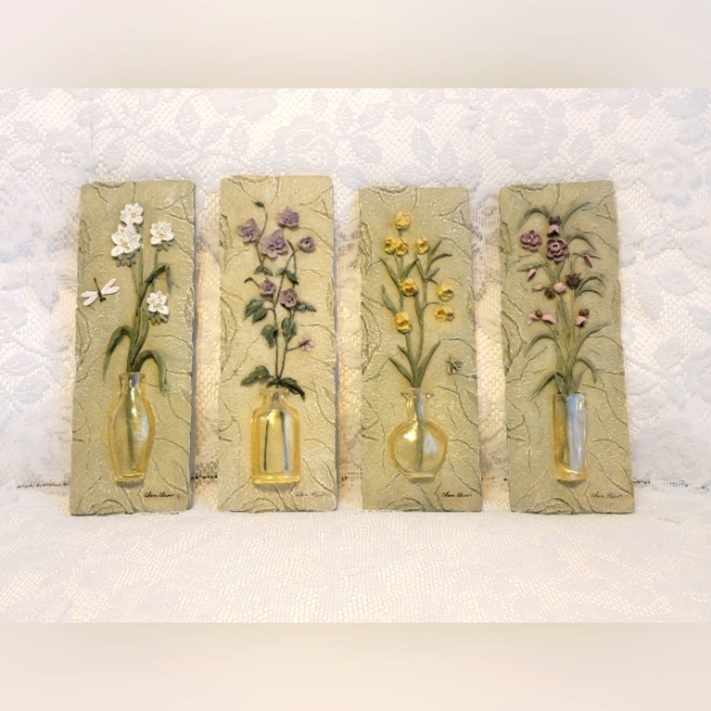 Vintage Cheri Blum Signed 3D Floral Wall Art Plaques Set of 4 Raised Flowers